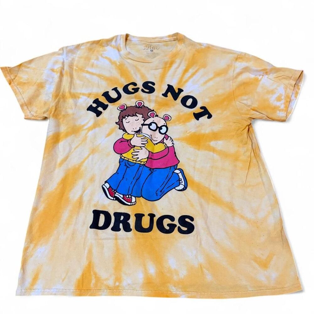 Arthur Oversized Yellow tie-dye "Hugs Not Drugs" Vintage Cartoon T-shirt
